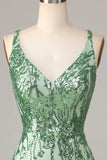 Making Magic Sheath V-Neck Green Sequins Kort Homecoming kjole med ryggløs