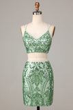 Ultimate Glow Two Piece Spaghetti stropper Green Sequins Kort Homecoming Dress