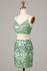 Load image into Gallery viewer, Ultimate Glow Two Piece Spaghetti stropper Green Sequins Kort Homecoming Dress