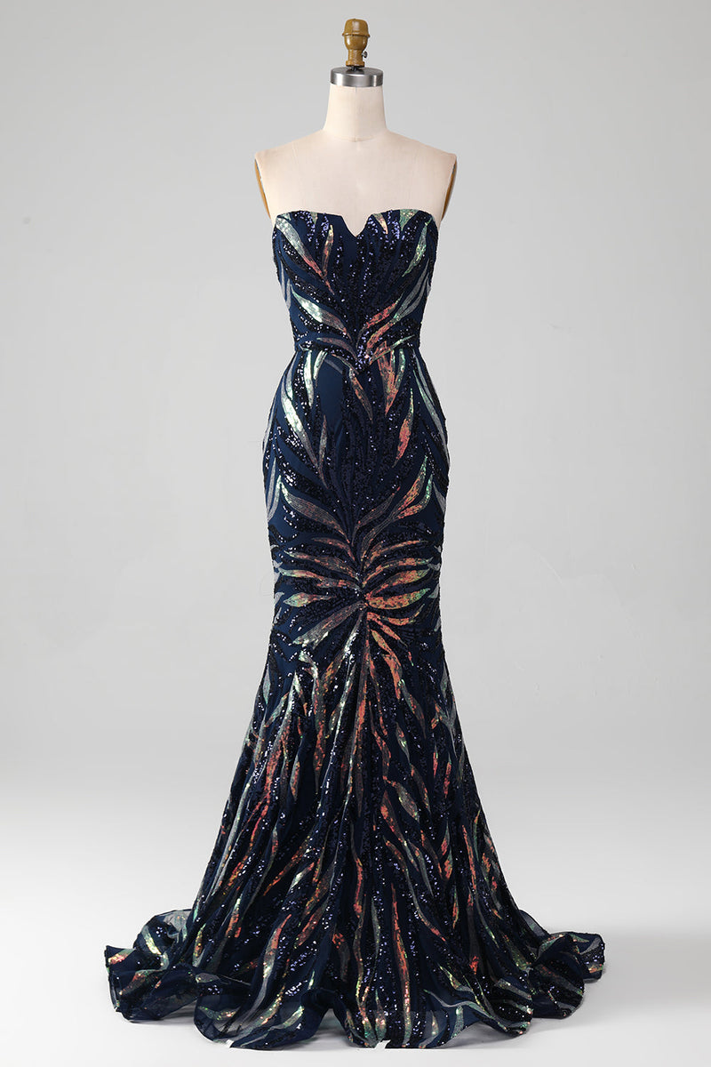 Load image into Gallery viewer, Sparkly Navy Mermaid paljetter Long Prom Dress