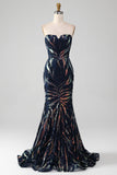 Sparkly Navy Mermaid paljetter Long Prom Dress