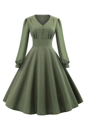 grønn v-hals lange ermer vintage swing kjole