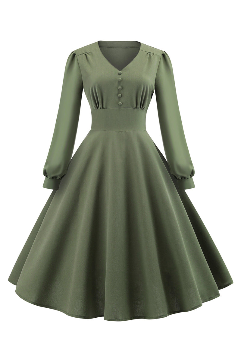 Load image into Gallery viewer, grønn v-hals lange ermer vintage swing kjole