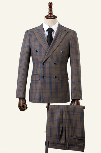 Brown Plaid Peaked Lapel Double-Breasted 2-Piece menn Suit