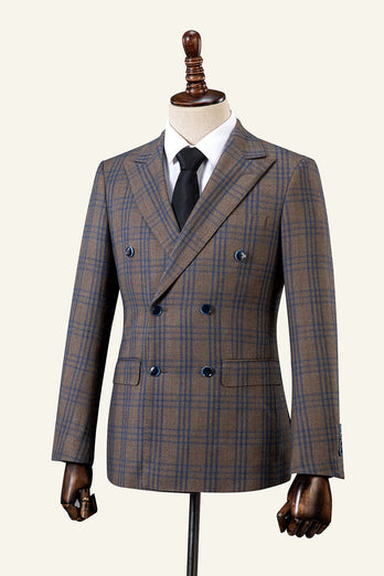 Brown Plaid Peaked Lapel Double-Breasted 2-Piece menn Suit