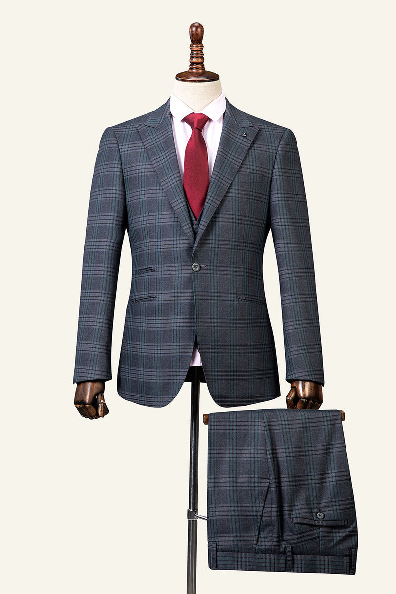 Load image into Gallery viewer, Grey Plaid 3-Piece Peaked Lapel menns dress