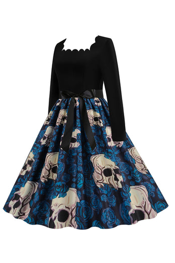 Halloween blå print langermet vintage kjole