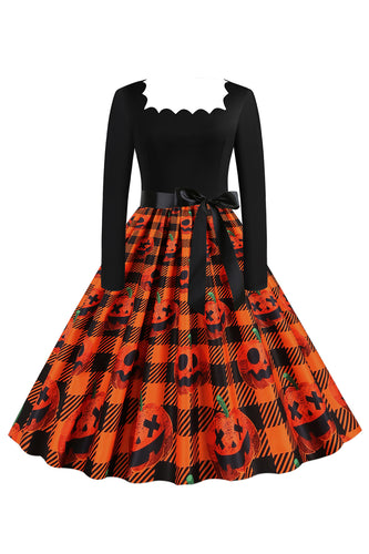 oransje print halloween retro kjole med lange ermer