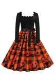 oransje print halloween retro kjole med lange ermer