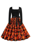 oransje print halloween retro kjole med lange ermer