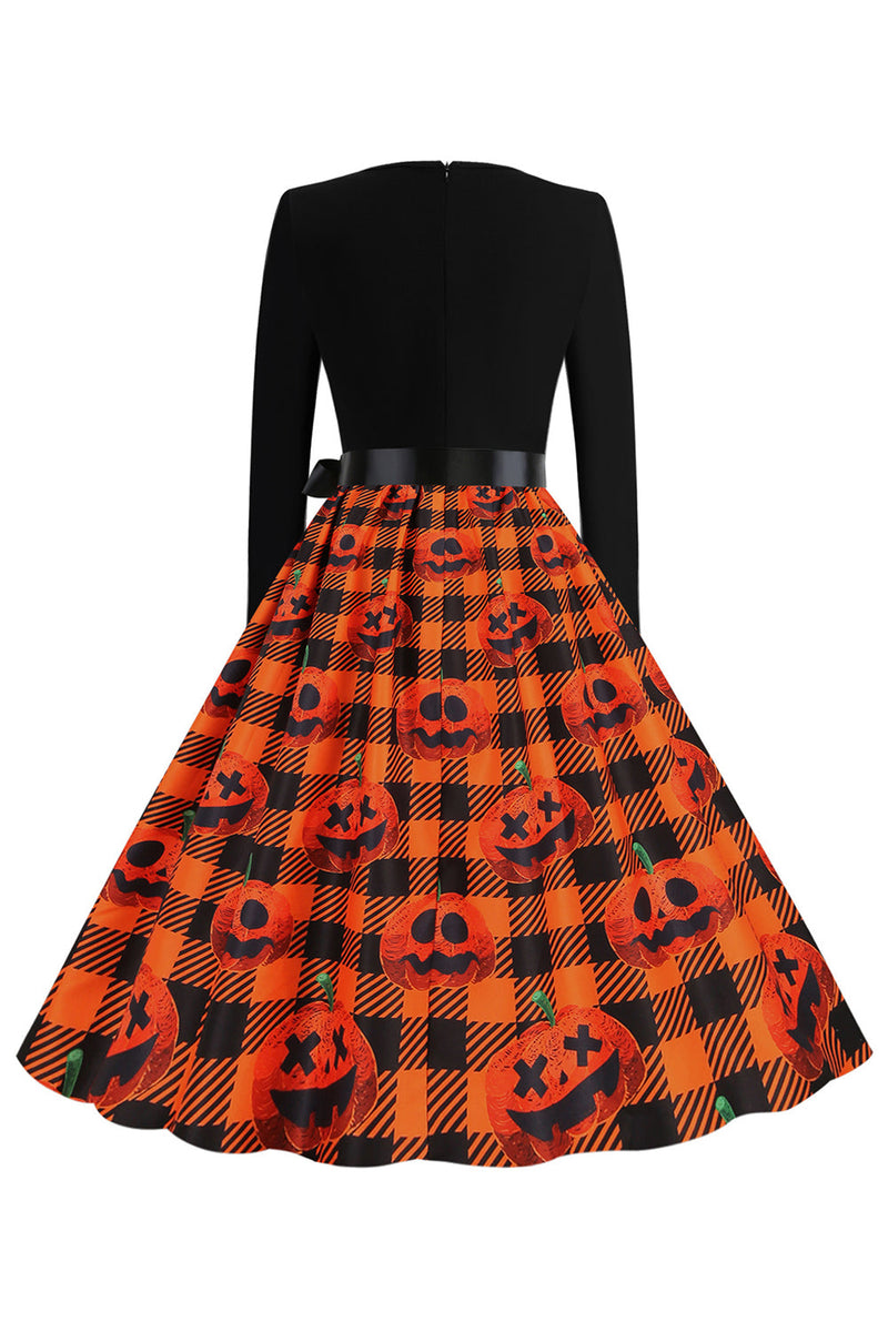 Load image into Gallery viewer, oransje print halloween retro kjole med lange ermer