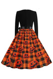 oransje print halloween retro kjole med lange ermer