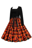 oransje print halloween retro kjole med lange ermer