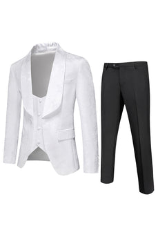 Menns hvite jacquard 3-delt sjal jakkeslaget balldrakter