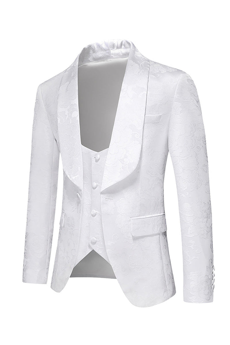 Load image into Gallery viewer, Menns hvite jacquard 3-delt sjal jakkeslaget balldrakter