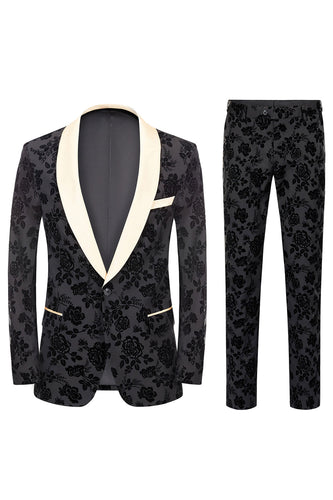 Menns Black Jacquard 3-Piece Shawl Lapel Prom Suits
