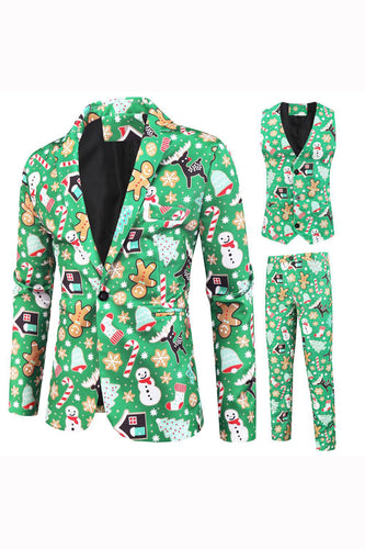 Green Notched Lapel trykt 3 Piece Christmas Men's Suits