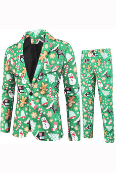 Green Notched Lapel trykt 3 Piece Christmas Men's Suits
