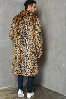 Khaki Leopard Trykt Lapel Neck Long Faux Fur Menn Coat