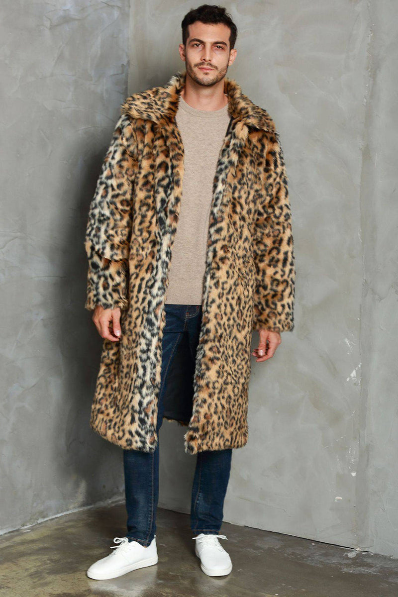 Load image into Gallery viewer, Khaki Leopard Trykt Lapel Neck Long Faux Fur Menn Coat