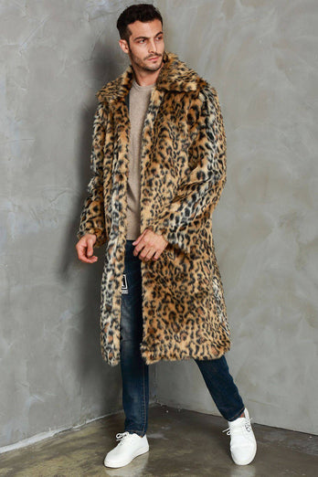 Khaki Leopard Trykt Lapel Neck Long Faux Fur Menn Coat