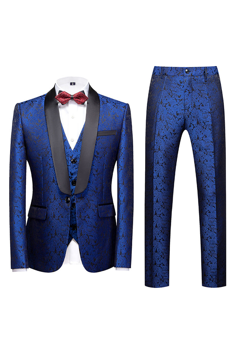 Load image into Gallery viewer, Svart 3 Piece Jacquard Shawl Lapel Menns Prom Suits