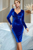 Load image into Gallery viewer, Royal Blue Velvet Bodycon festkjole med lange ermer