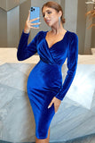 Royal Blue Velvet Bodycon festkjole med lange ermer