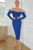 Load image into Gallery viewer, Royal Blue Off the Shoulder Bodycon Midi kjole med fjær