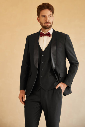 Black Shawl Lapel Single Breasted 3 Piece menn Suits