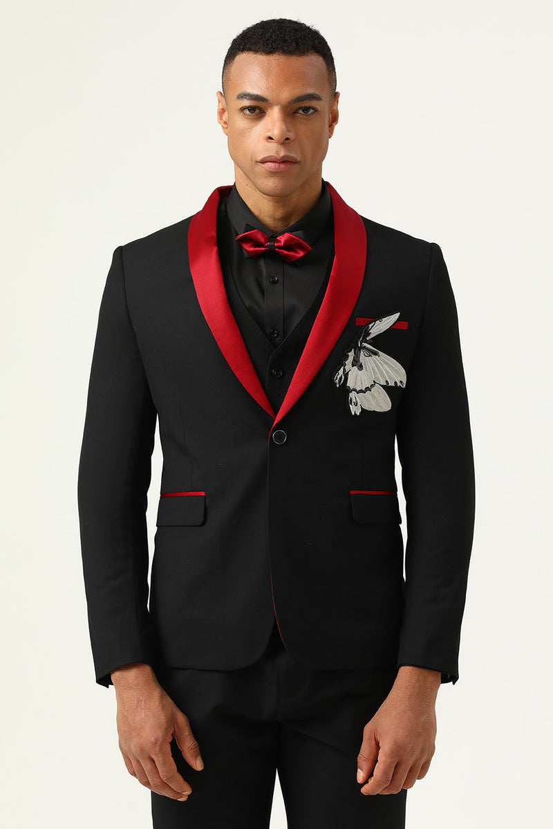 Load image into Gallery viewer, 3-delt svart rødt sjal jakkeslag menn Prom Suits