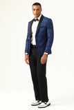 One Button Blue Shawl Lapel Jacquard menn Prom Blazer