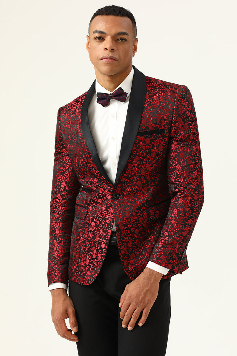 Load image into Gallery viewer, One Button Red Shawl Lapel Jacquard menn Prom Blazer