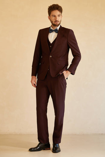 Peak Lapel Single Button Burgund menn Wedding Suit