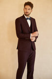 Peak Lapel Single Button Burgund menn Wedding Suit