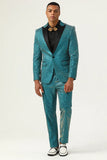 Glitter Peacock Blue Peak Lapel 2 Piece Menn Suits