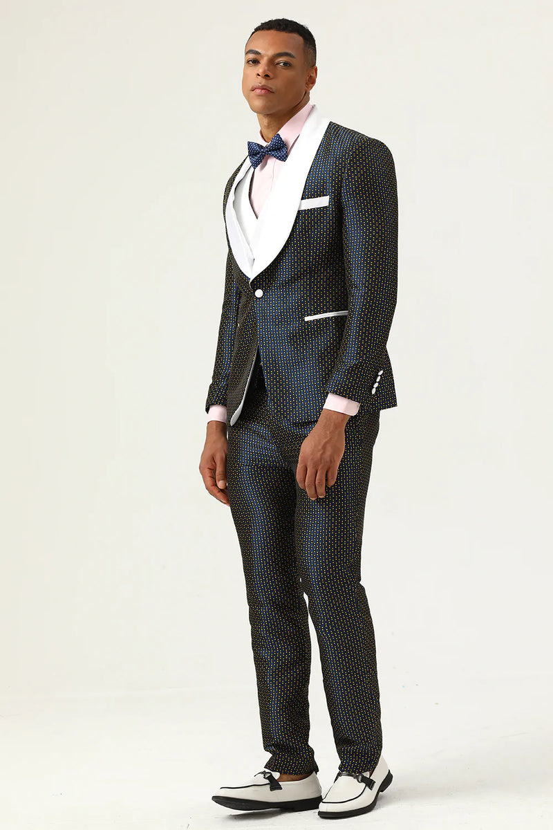 Load image into Gallery viewer, Navy Polka Dots Sjal Lapel 3 Piece menn Prom Suits