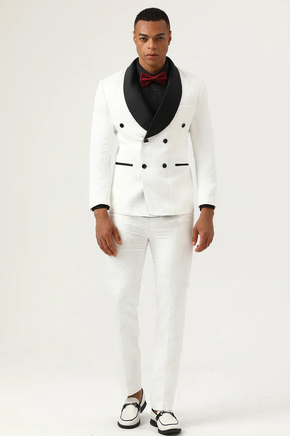 White Jacquard Shawl Lapel Duble Breasted 2 Piece menn Suits