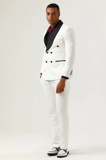 White Jacquard Shawl Lapel Duble Breasted 2 Piece menn Suits