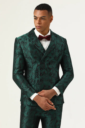 Green Jacquard Double Breated 2 Piece menn Suits