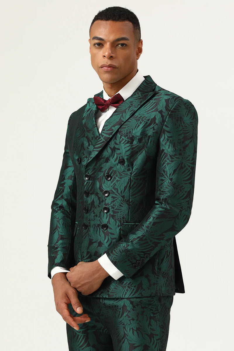 Load image into Gallery viewer, Green Jacquard Double Breated 2 Piece menn Suits