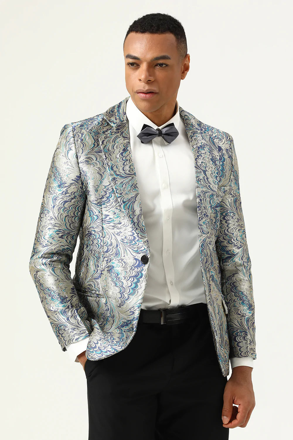 Sølv og blå Jacquard Notched Lapel menn Prom Blazer
