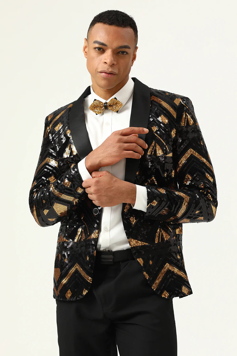 Load image into Gallery viewer, Sparkly Black og Golden Sequins Prom Blazer for menn