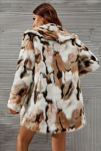 Hvit og brun sjal Lapel Midi Faux Fur Shearling Coat