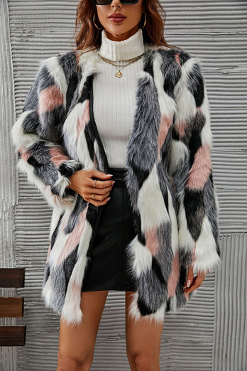 Hvit og rosa sjal Lapel Midi Faux Fur Shearling Coat