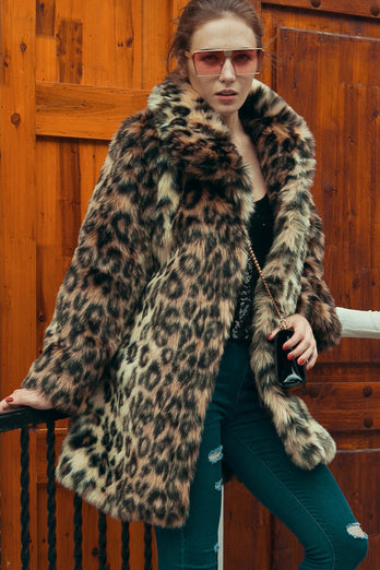 Brun Leopard jakkeslag Midi Fuskepels Shearling Coat