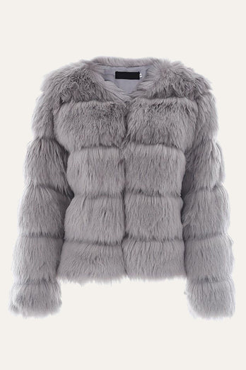 Grå Fluffy Cropeed Sjal Lapel Faux Fur Shearling Coat