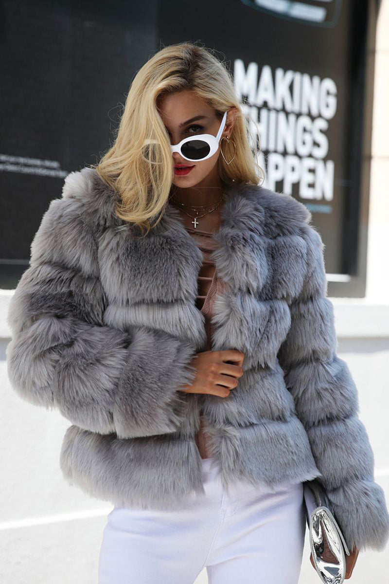 Load image into Gallery viewer, Grå Fluffy Cropeed Sjal Lapel Faux Fur Shearling Coat