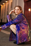 Sparkly Purple Paljetter Overdimensjonert Longline Prom Blazer for kvinner