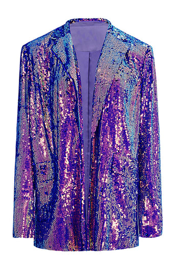 Sparkly Purple Paljetter Overdimensjonert Longline Prom Blazer for kvinner